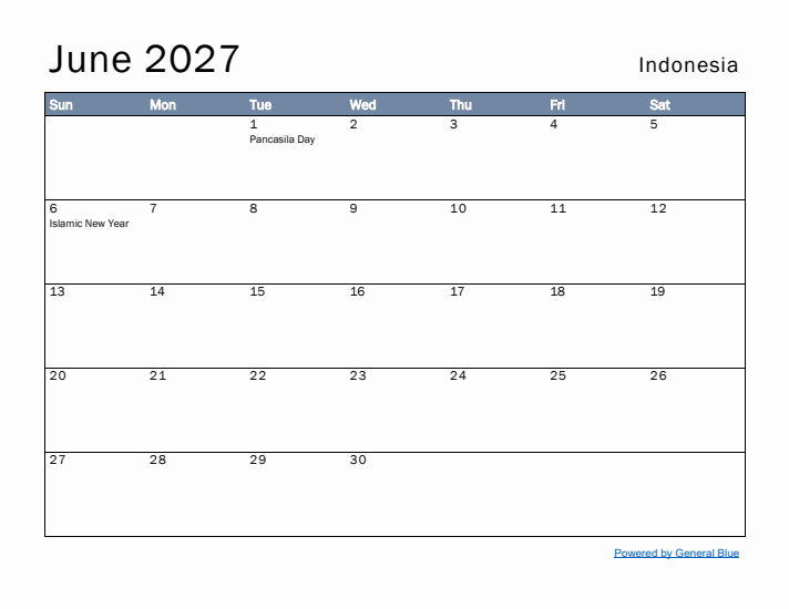 June 2027 Simple Monthly Calendar for Indonesia