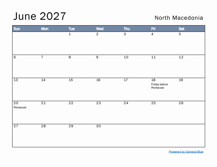 June 2027 Simple Monthly Calendar for North Macedonia
