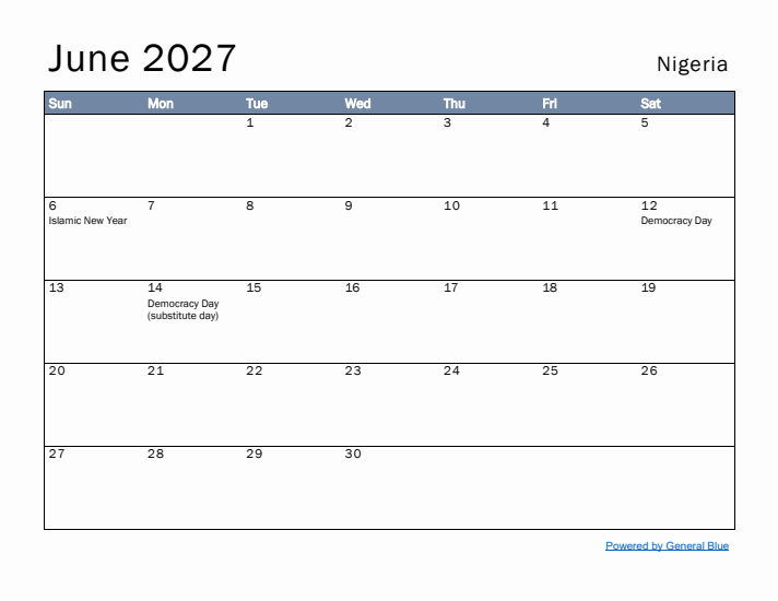 June 2027 Simple Monthly Calendar for Nigeria