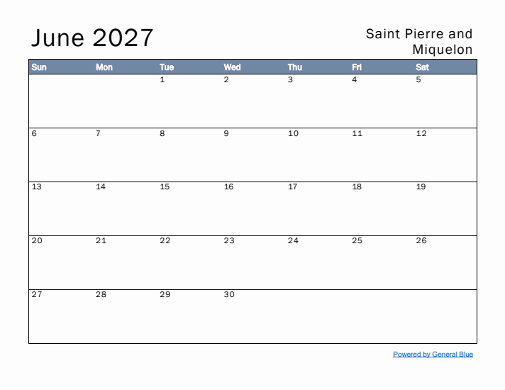 June 2027 Simple Monthly Calendar for Saint Pierre and Miquelon
