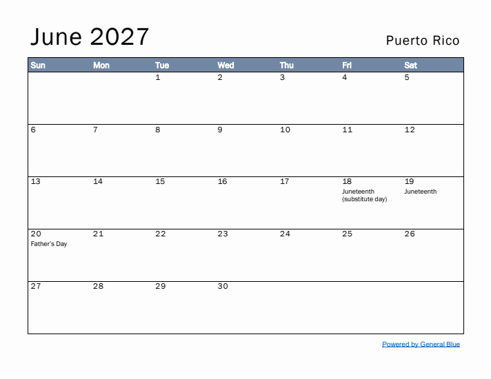 June 2027 Simple Monthly Calendar for Puerto Rico