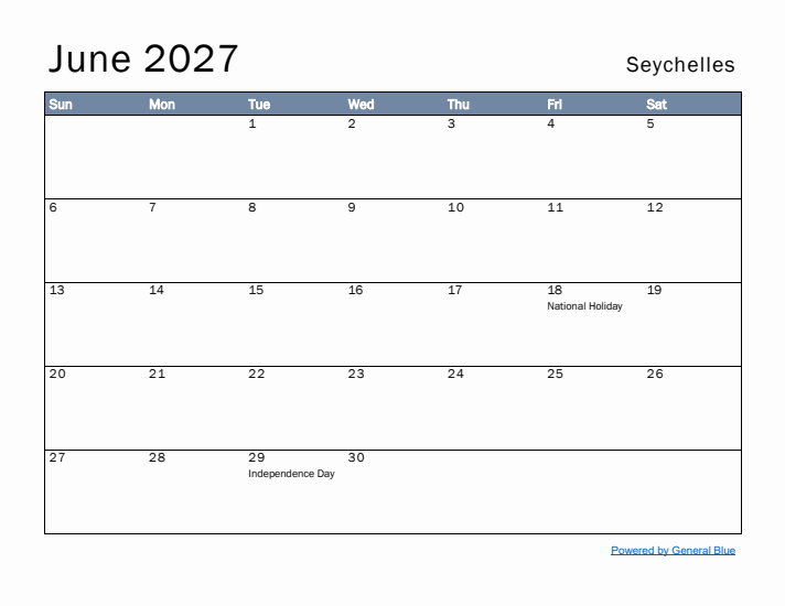 June 2027 Simple Monthly Calendar for Seychelles