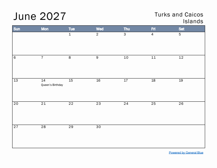 June 2027 Simple Monthly Calendar for Turks and Caicos Islands