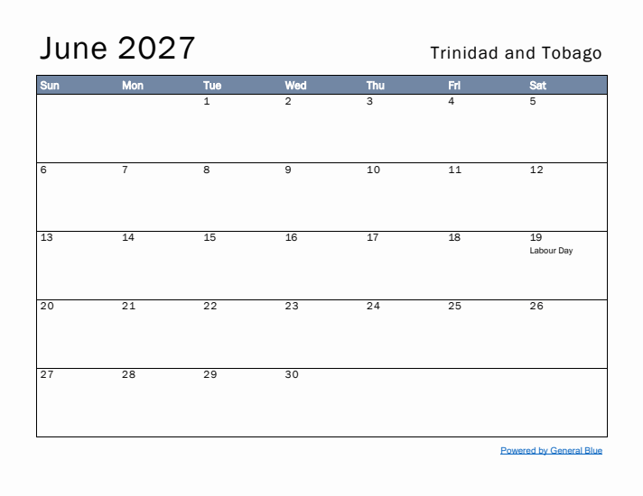June 2027 Simple Monthly Calendar for Trinidad and Tobago
