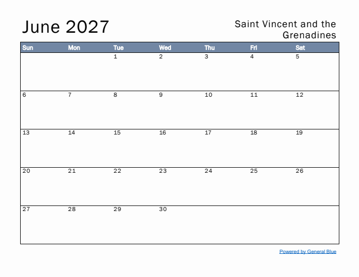 June 2027 Simple Monthly Calendar for Saint Vincent and the Grenadines