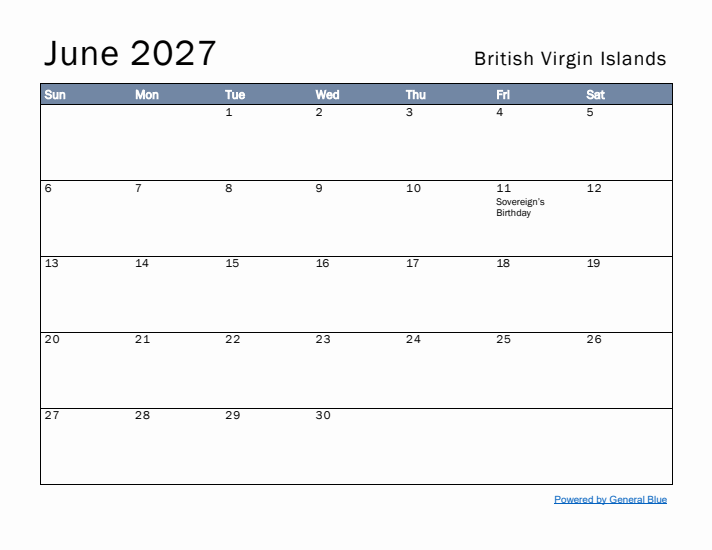 June 2027 Simple Monthly Calendar for British Virgin Islands