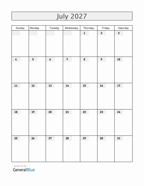 Blank July 2027 Calendar
