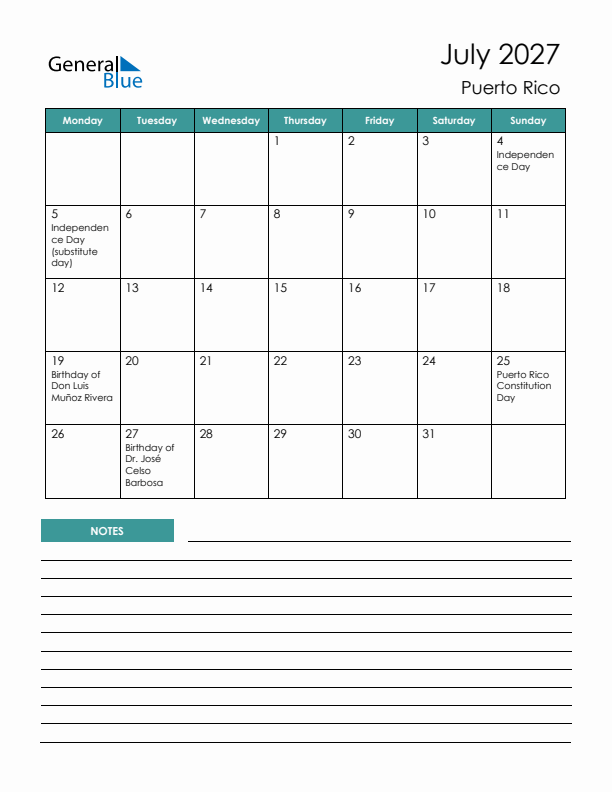 Calendar with Notes Printable - Monday Start