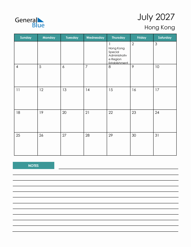 Calendar with Notes Printable - Sunday Start