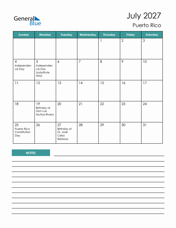 Calendar with Notes Printable - Sunday Start