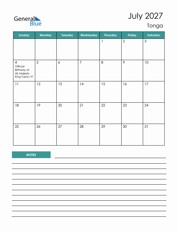 Calendar with Notes Printable - Sunday Start