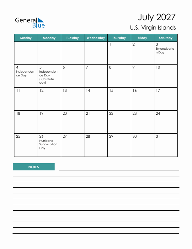 Calendar with Notes Printable - Sunday Start