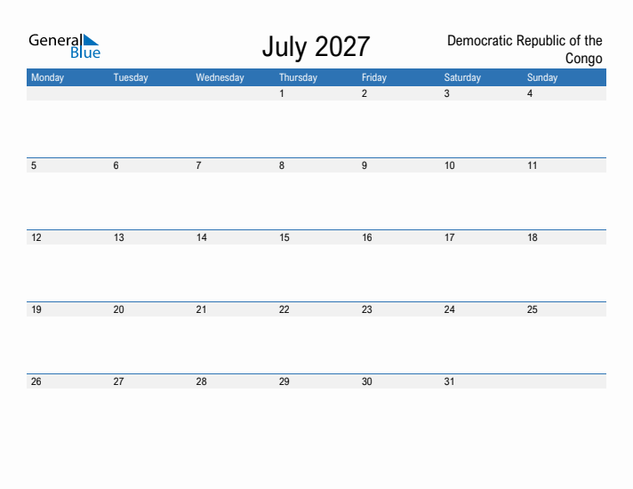 Fillable July 2027 Calendar