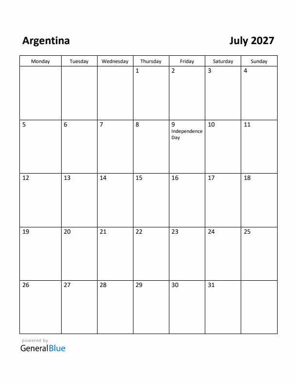 July 2027 Calendar with Argentina Holidays