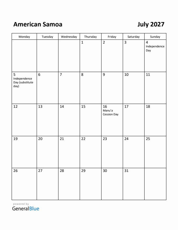 July 2027 Calendar with American Samoa Holidays