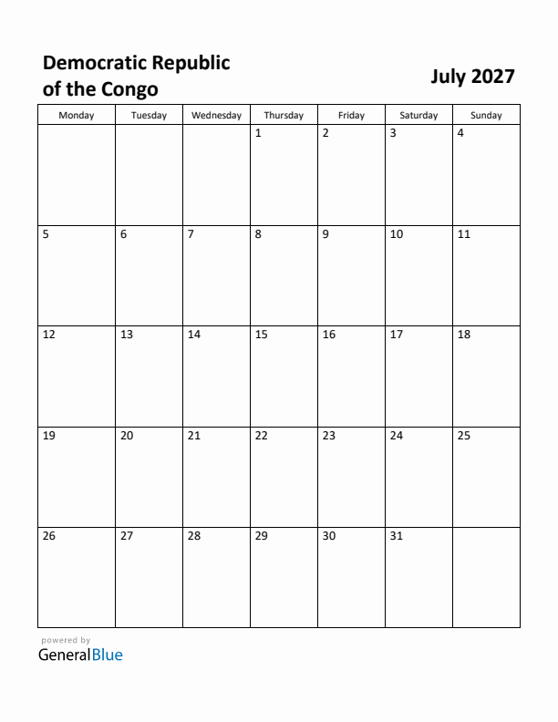 July 2027 Calendar with Democratic Republic of the Congo Holidays