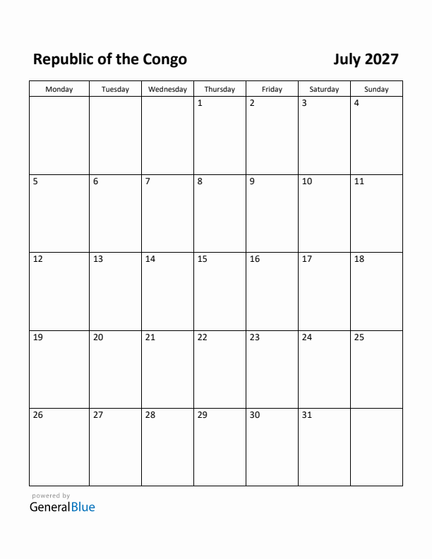 July 2027 Calendar with Republic of the Congo Holidays