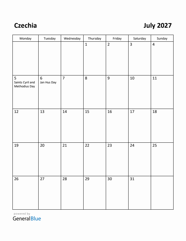 July 2027 Calendar with Czechia Holidays