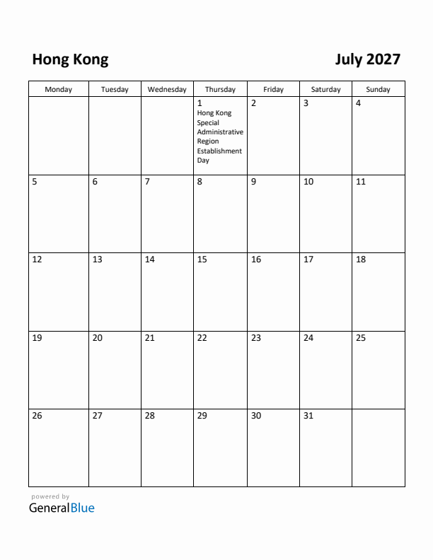 July 2027 Calendar with Hong Kong Holidays