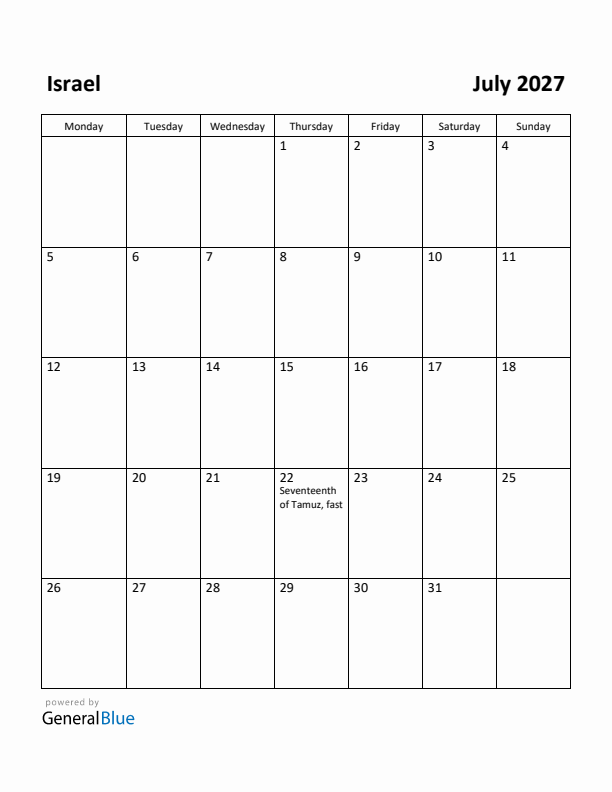July 2027 Calendar with Israel Holidays