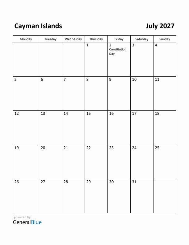 July 2027 Calendar with Cayman Islands Holidays