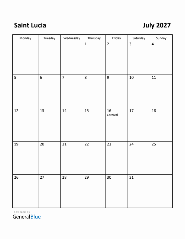 July 2027 Calendar with Saint Lucia Holidays