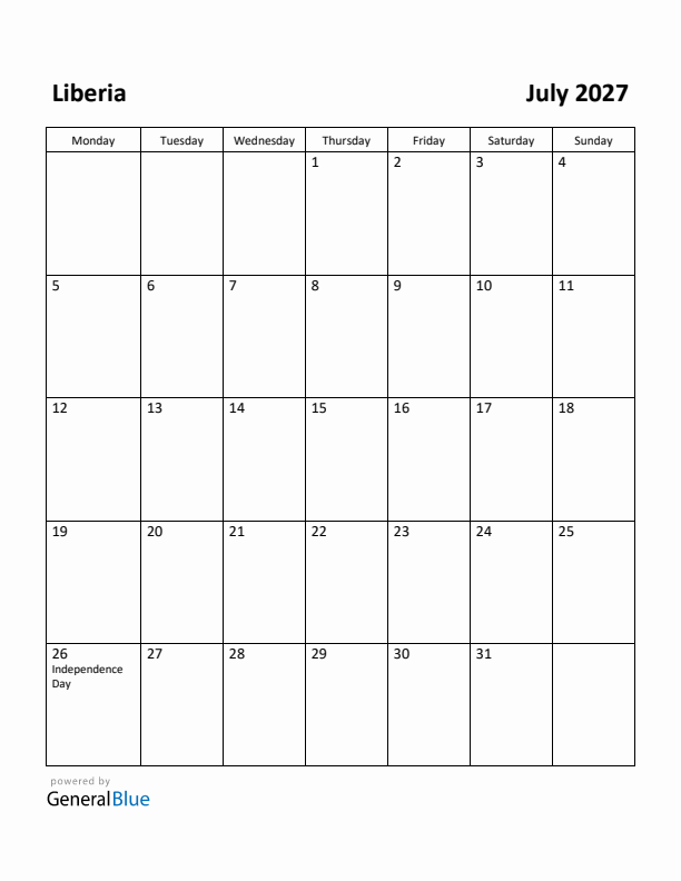 July 2027 Calendar with Liberia Holidays