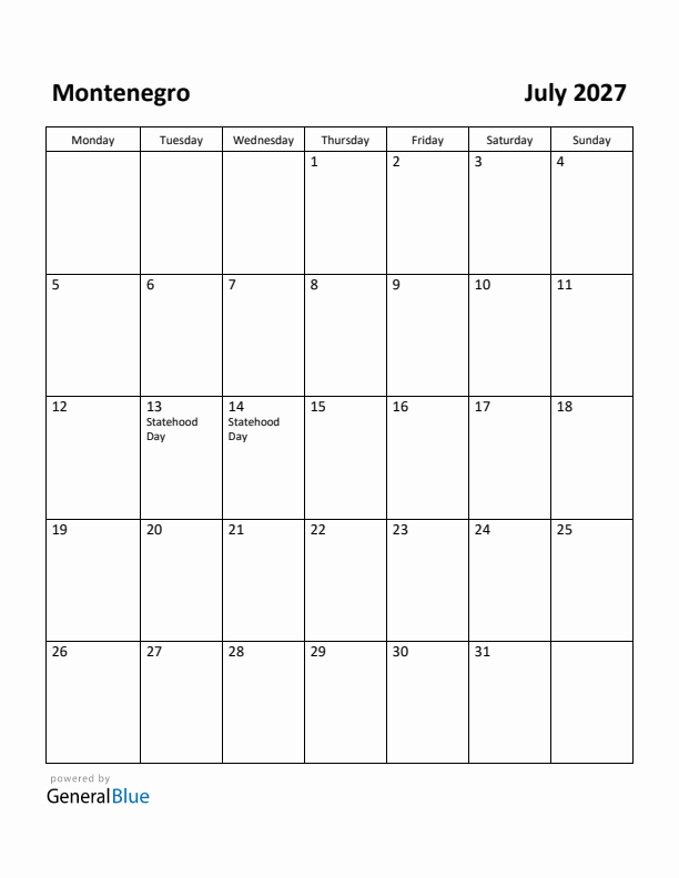 July 2027 Calendar with Montenegro Holidays