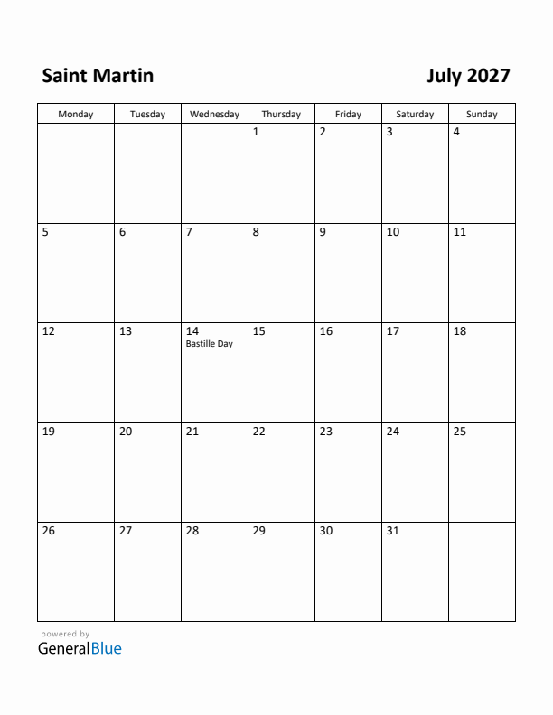 July 2027 Calendar with Saint Martin Holidays