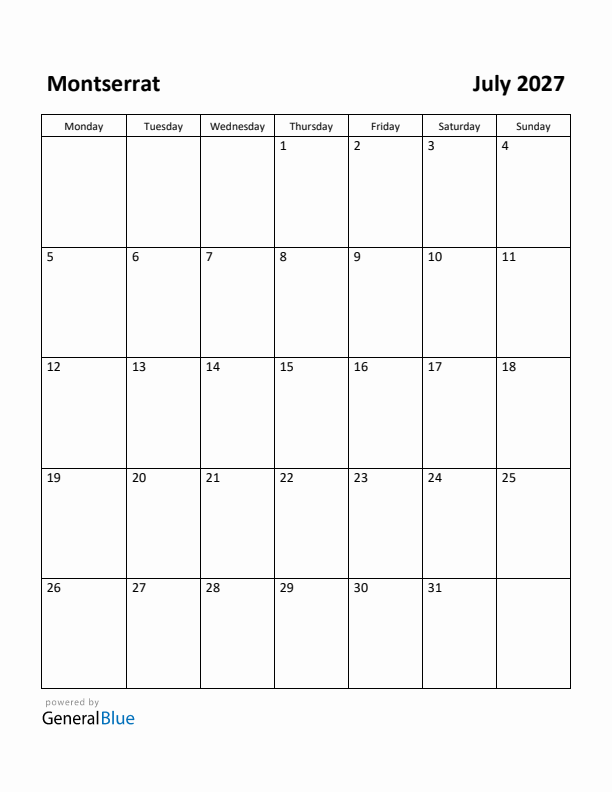 July 2027 Calendar with Montserrat Holidays