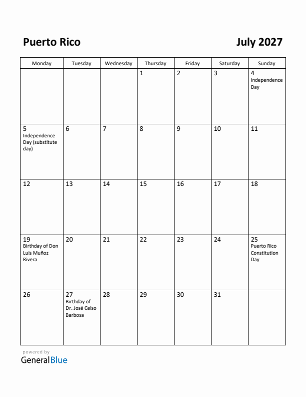 July 2027 Calendar with Puerto Rico Holidays