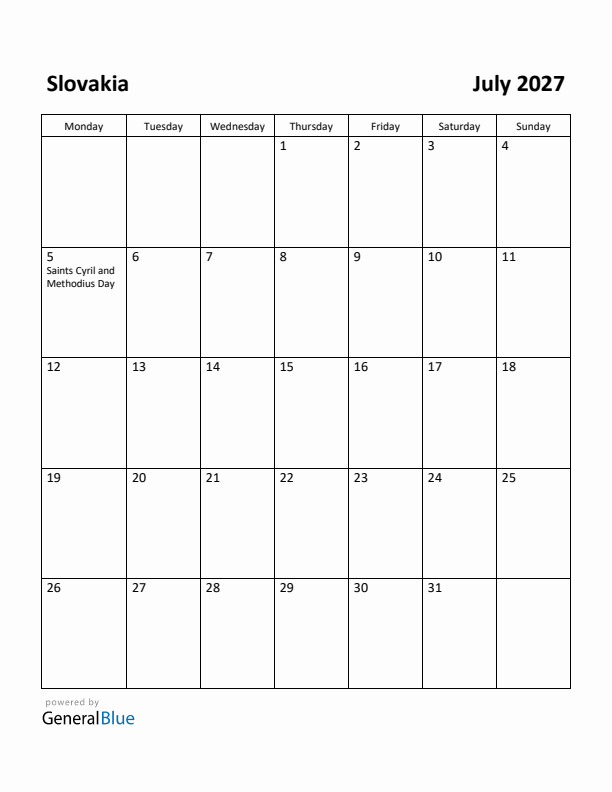 July 2027 Calendar with Slovakia Holidays