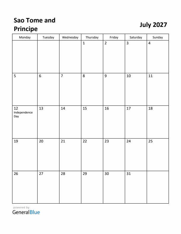 July 2027 Calendar with Sao Tome and Principe Holidays