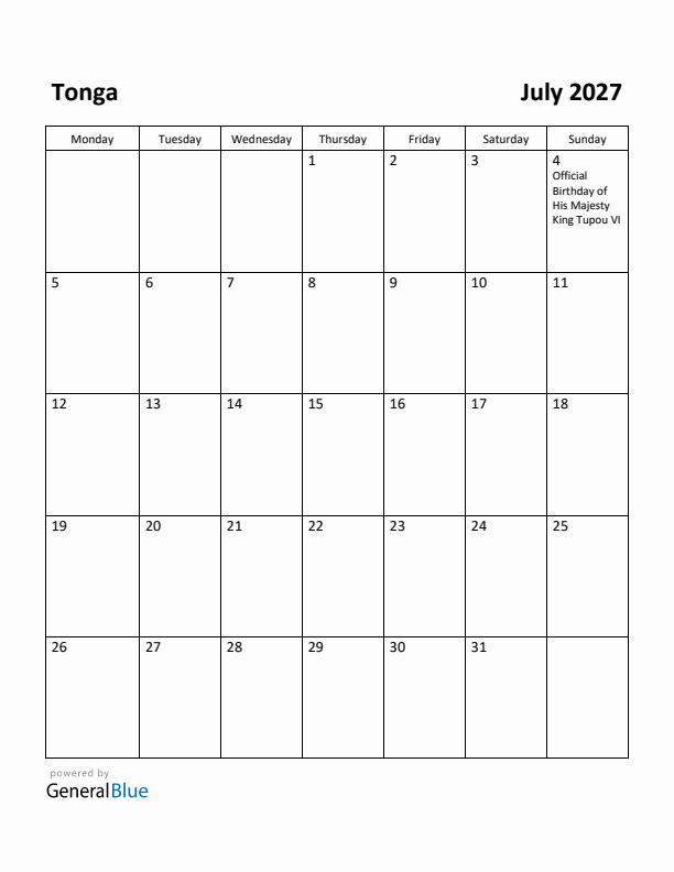 July 2027 Calendar with Tonga Holidays