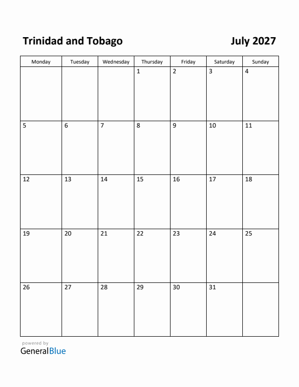 July 2027 Calendar with Trinidad and Tobago Holidays