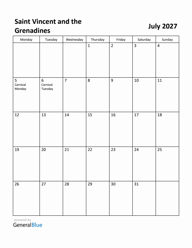 July 2027 Calendar with Saint Vincent and the Grenadines Holidays