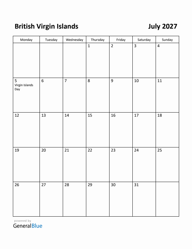 July 2027 Calendar with British Virgin Islands Holidays