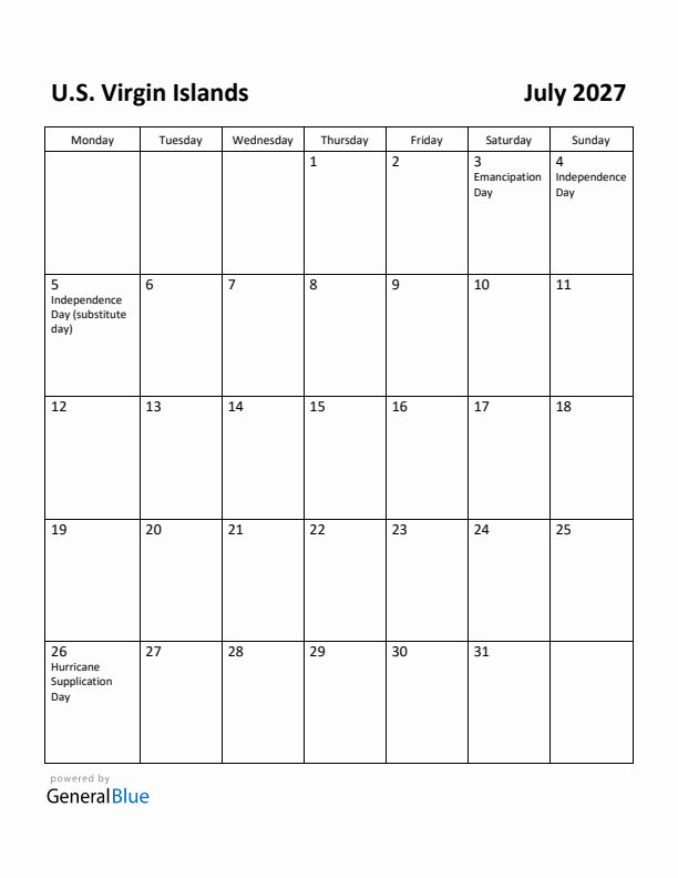 July 2027 Calendar with U.S. Virgin Islands Holidays