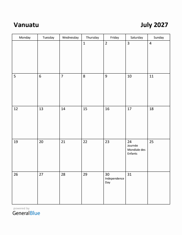 July 2027 Calendar with Vanuatu Holidays