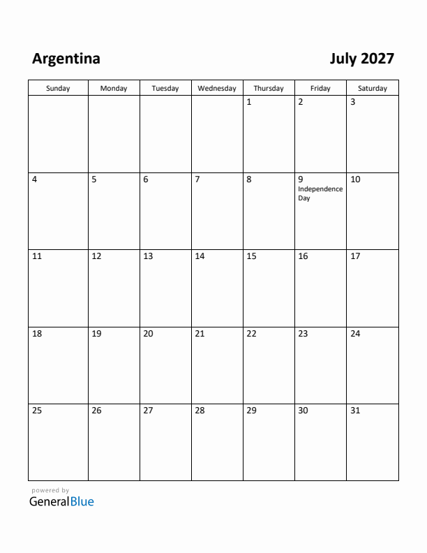 July 2027 Calendar with Argentina Holidays