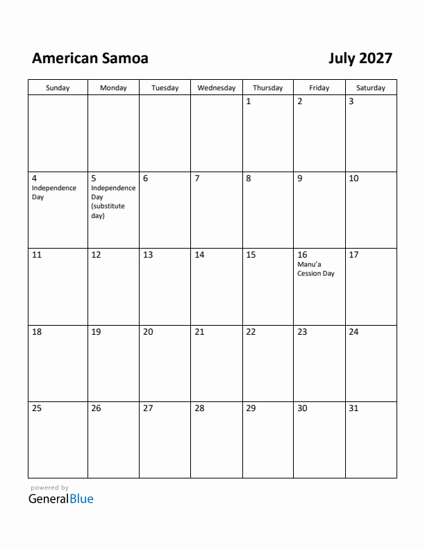 July 2027 Calendar with American Samoa Holidays