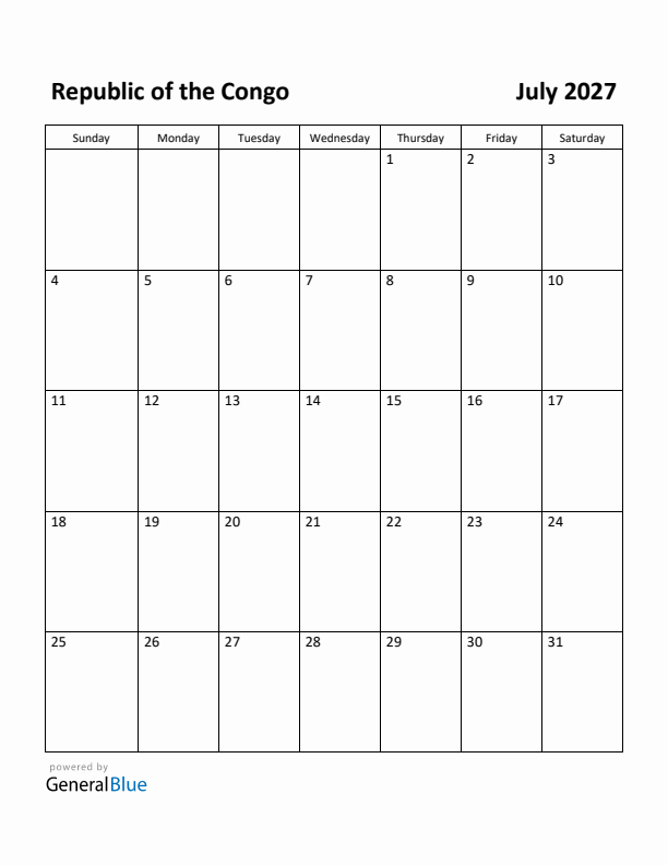 July 2027 Calendar with Republic of the Congo Holidays
