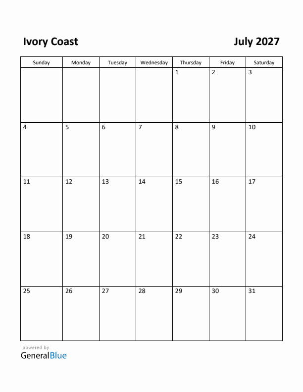 July 2027 Calendar with Ivory Coast Holidays