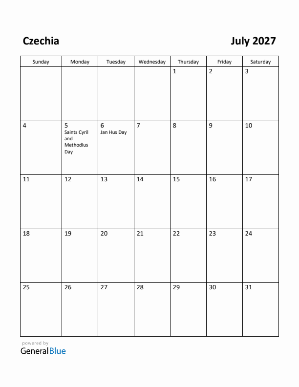 July 2027 Calendar with Czechia Holidays