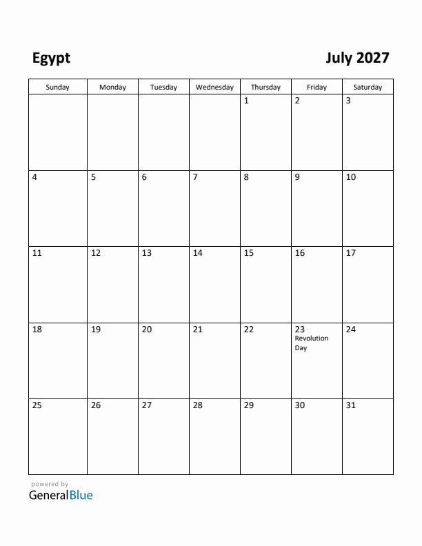 July 2027 Calendar with Egypt Holidays