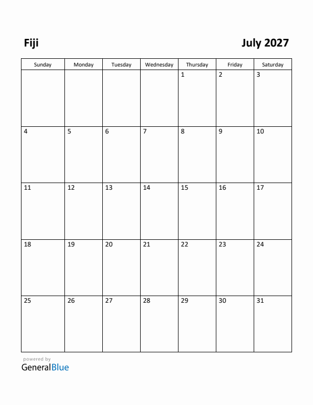 July 2027 Calendar with Fiji Holidays