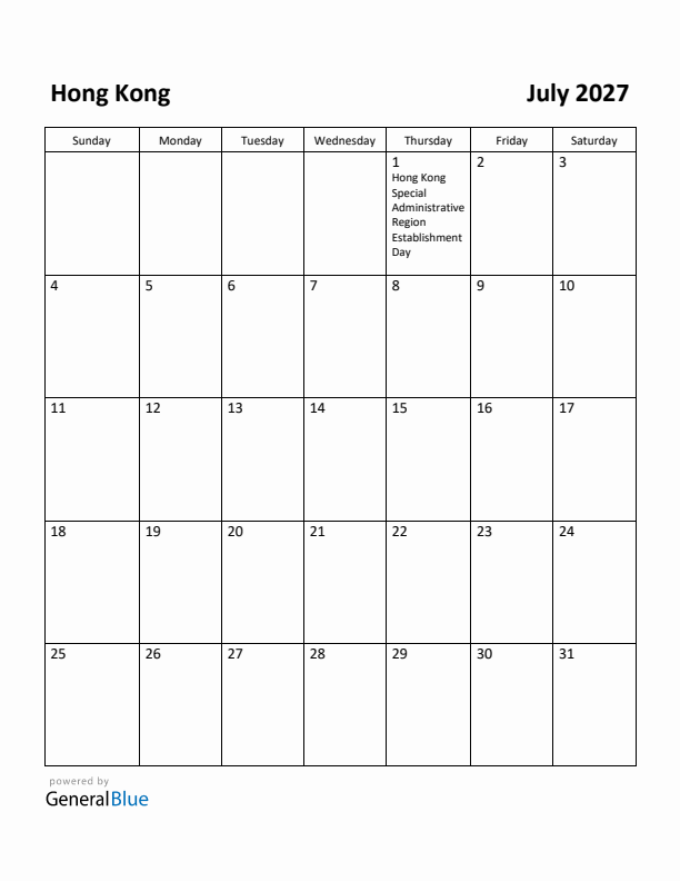 July 2027 Calendar with Hong Kong Holidays