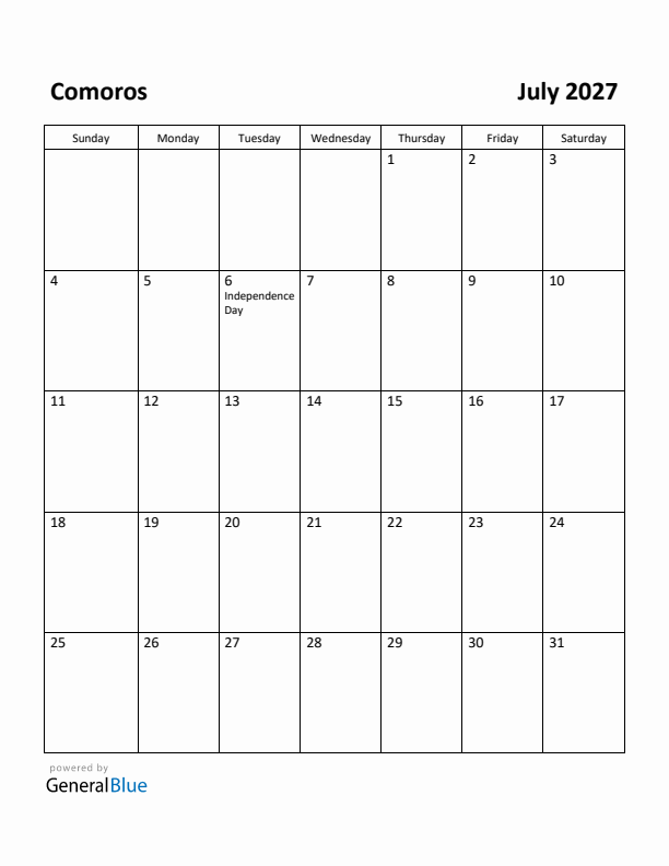 July 2027 Calendar with Comoros Holidays
