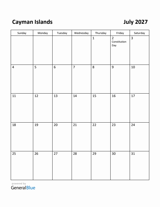 July 2027 Calendar with Cayman Islands Holidays