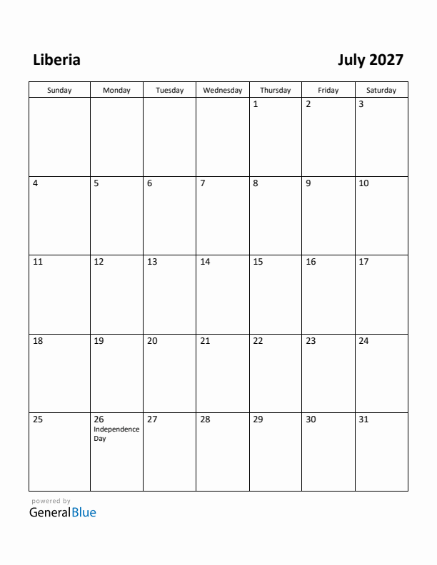 July 2027 Calendar with Liberia Holidays
